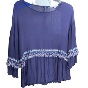Joy Joy blue peasant blouse with embroidered detail size medium